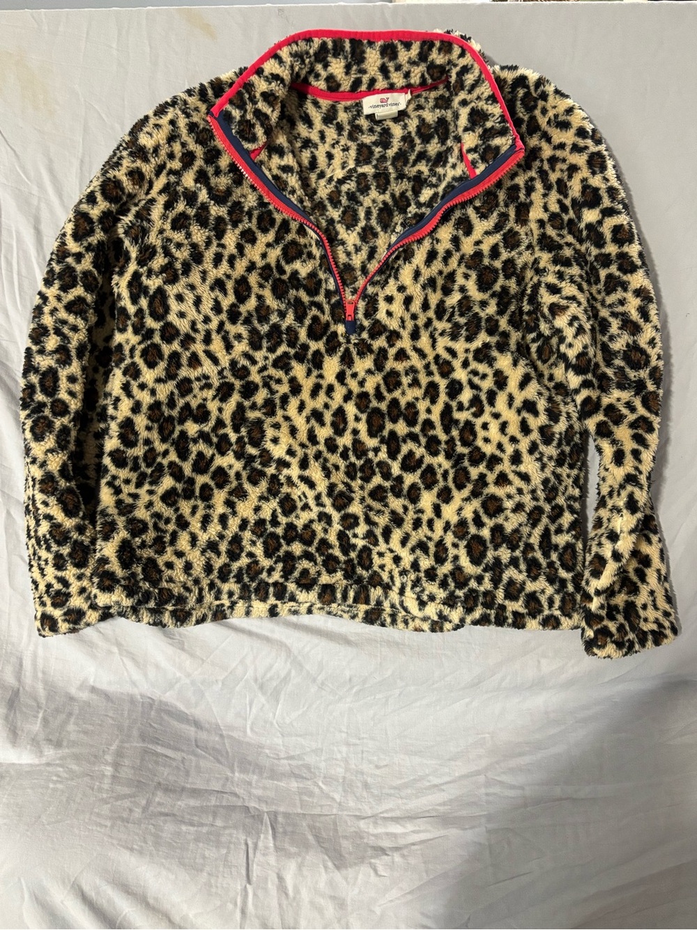 Vineyard Vines Leopard Print Fleece Pullover with Pink Trim